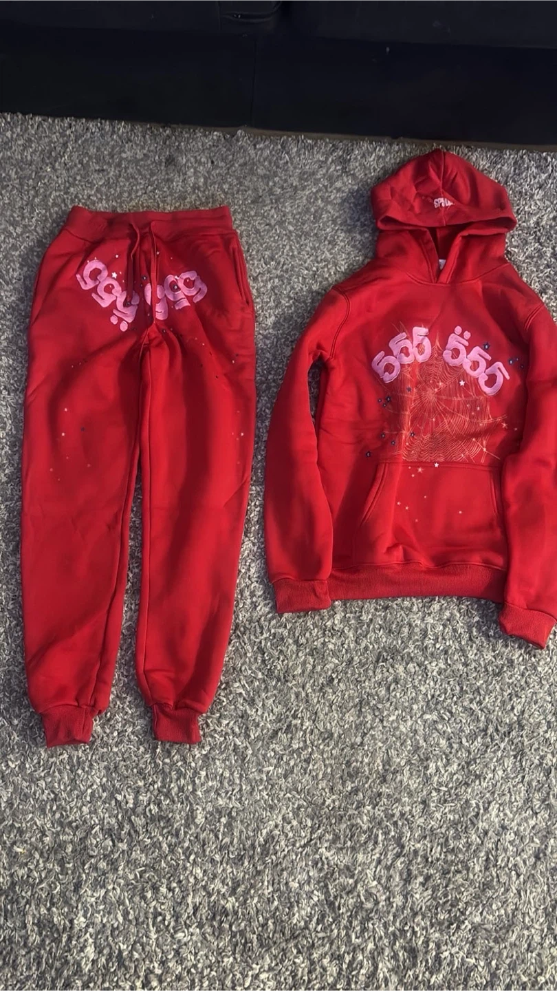 Red "555" Spiderweb Hoodie and Sweatpants Set - photo 3