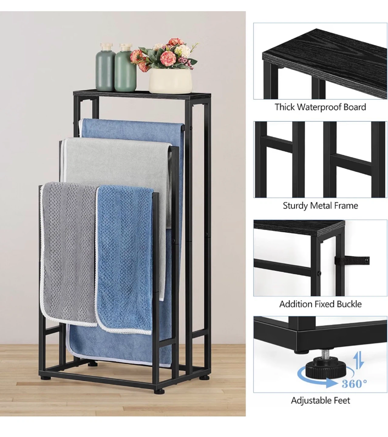 Black 3-Tier Towel Rack with Shelf - photo 3