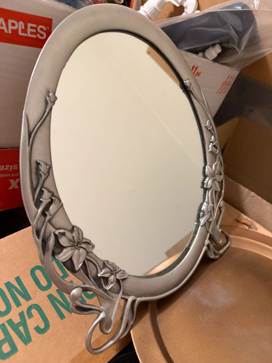 Vintage Seagull Pewter Art Nouveau Oval Vanity Mirror