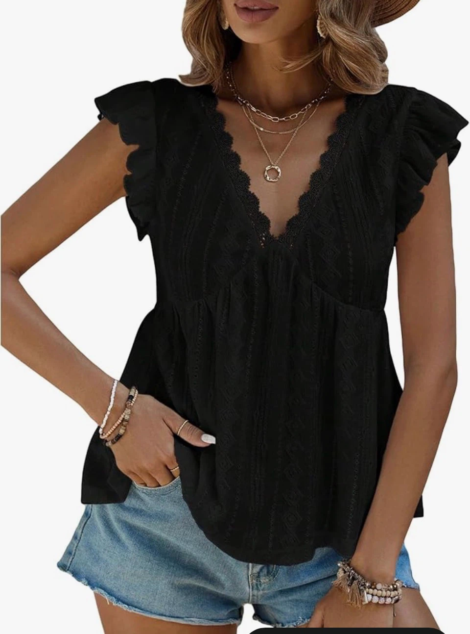 Black Lace Trim Peplum Top