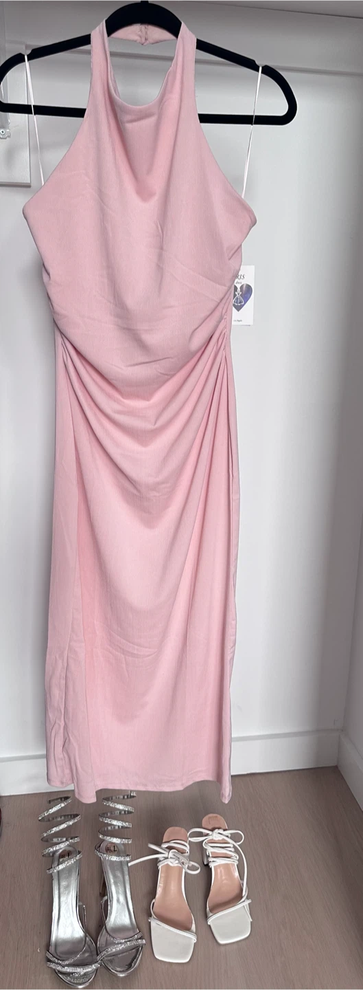 Pink Ruched Halter Neck Midi Dress