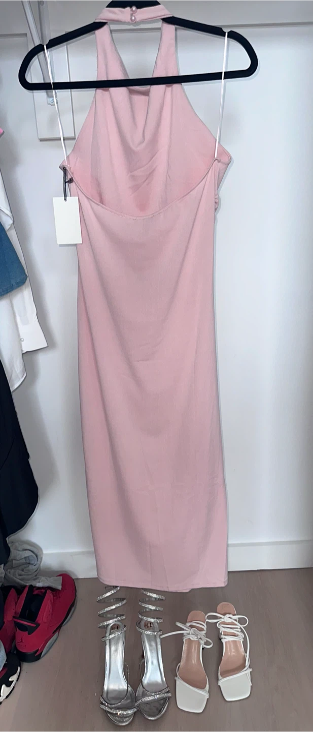 Pink Ruched Halter Neck Midi Dress - photo 2