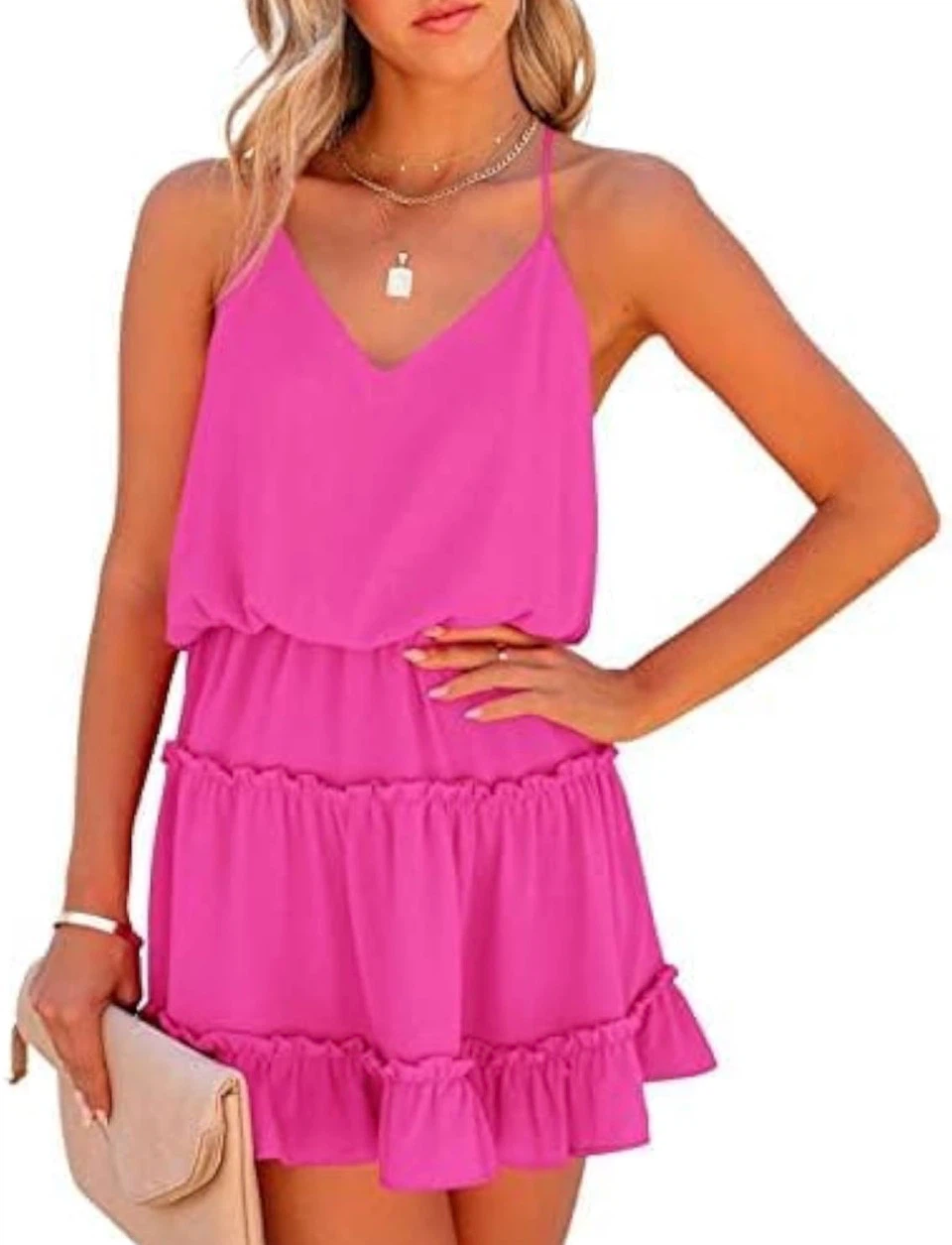 Pink Spaghetti Strap Ruffle Dress