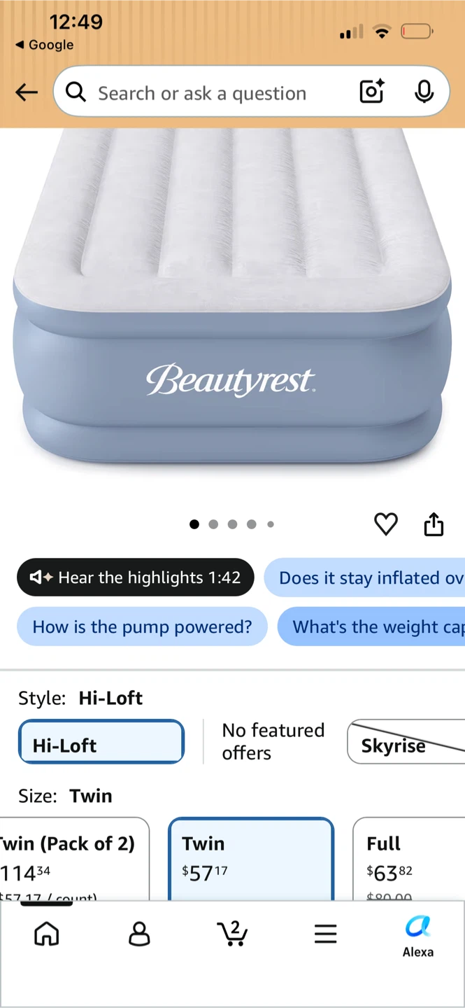 Beautyrest 15" Hi Loft Raised Airbed with Edge Support - Twin