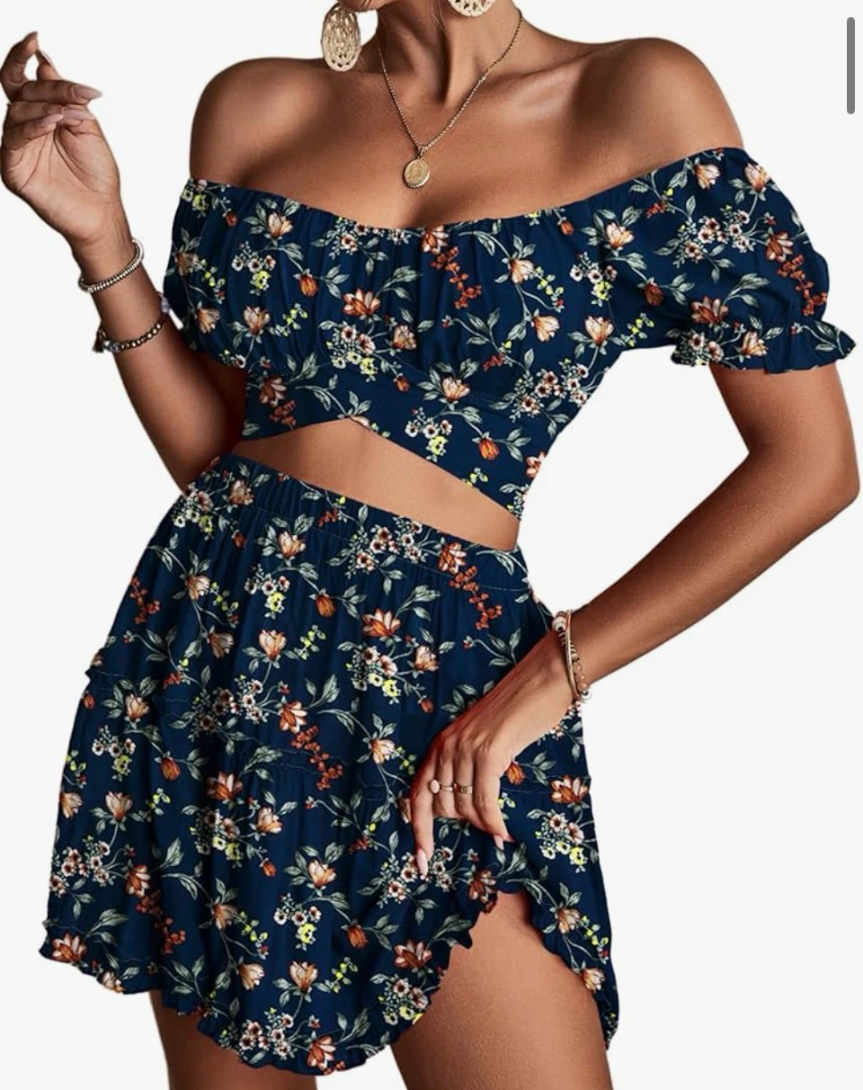 Floral Off-the-Shoulder Crop Top and Skirt Set