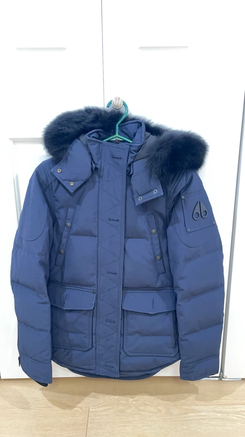 Moose Knuckles Navy Down Parka with Fur Hood