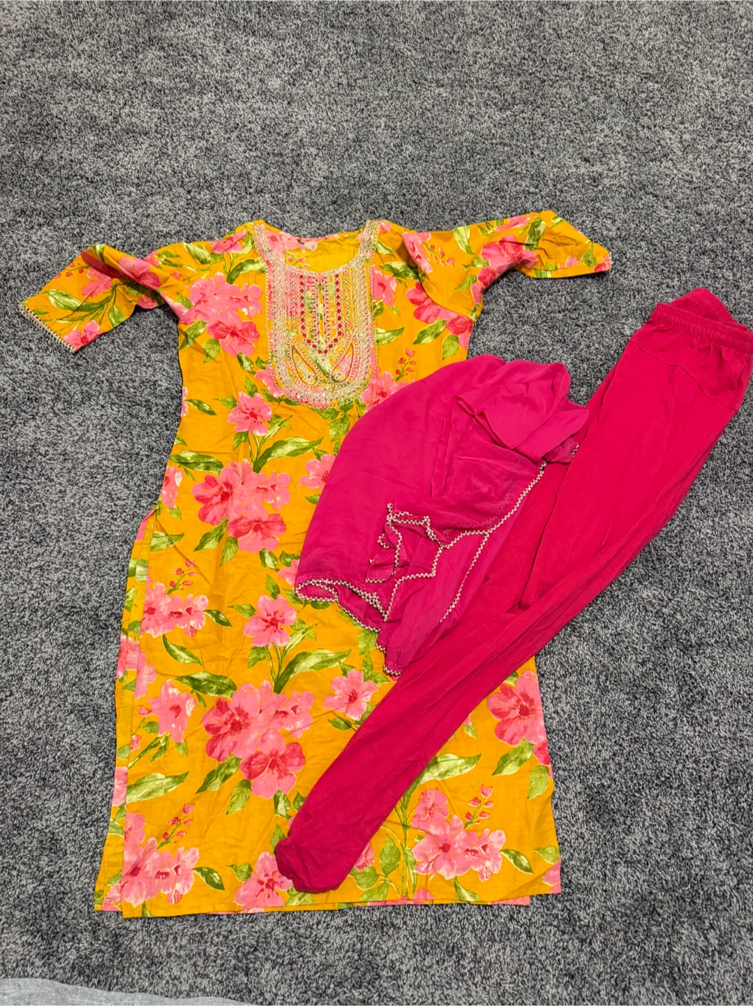 Yellow floral print kurta set with pink pants and dupatta