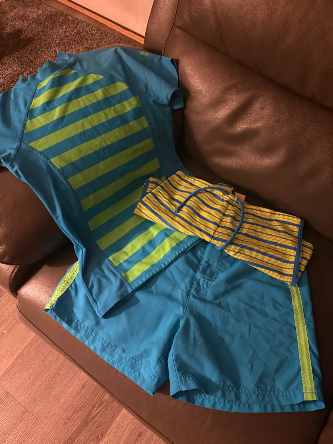 Lands' End Blue & Green Striped Rash Guard Swim Set XL
