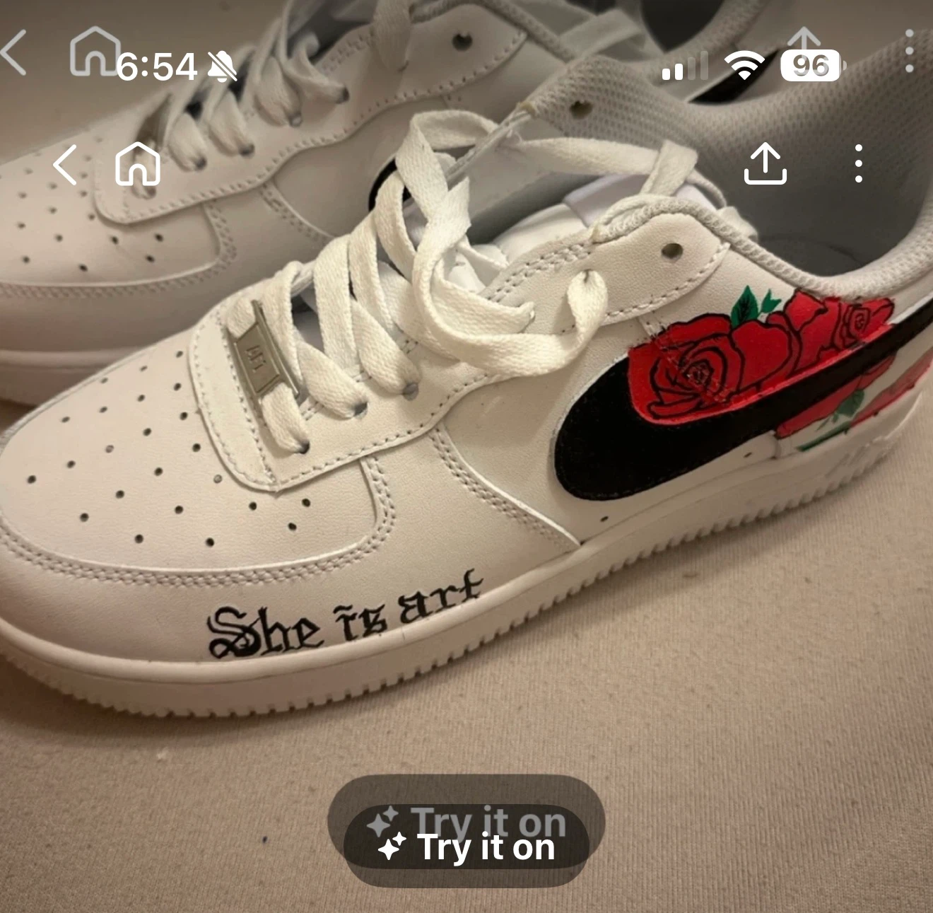 Nike Air Force 1 Custom Rose & "She is art" White Sneakers