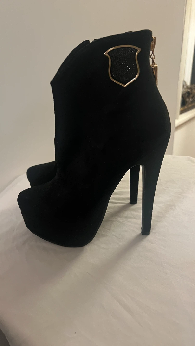 Black Suede Ankle Boots with Gold Zippers - photo 2