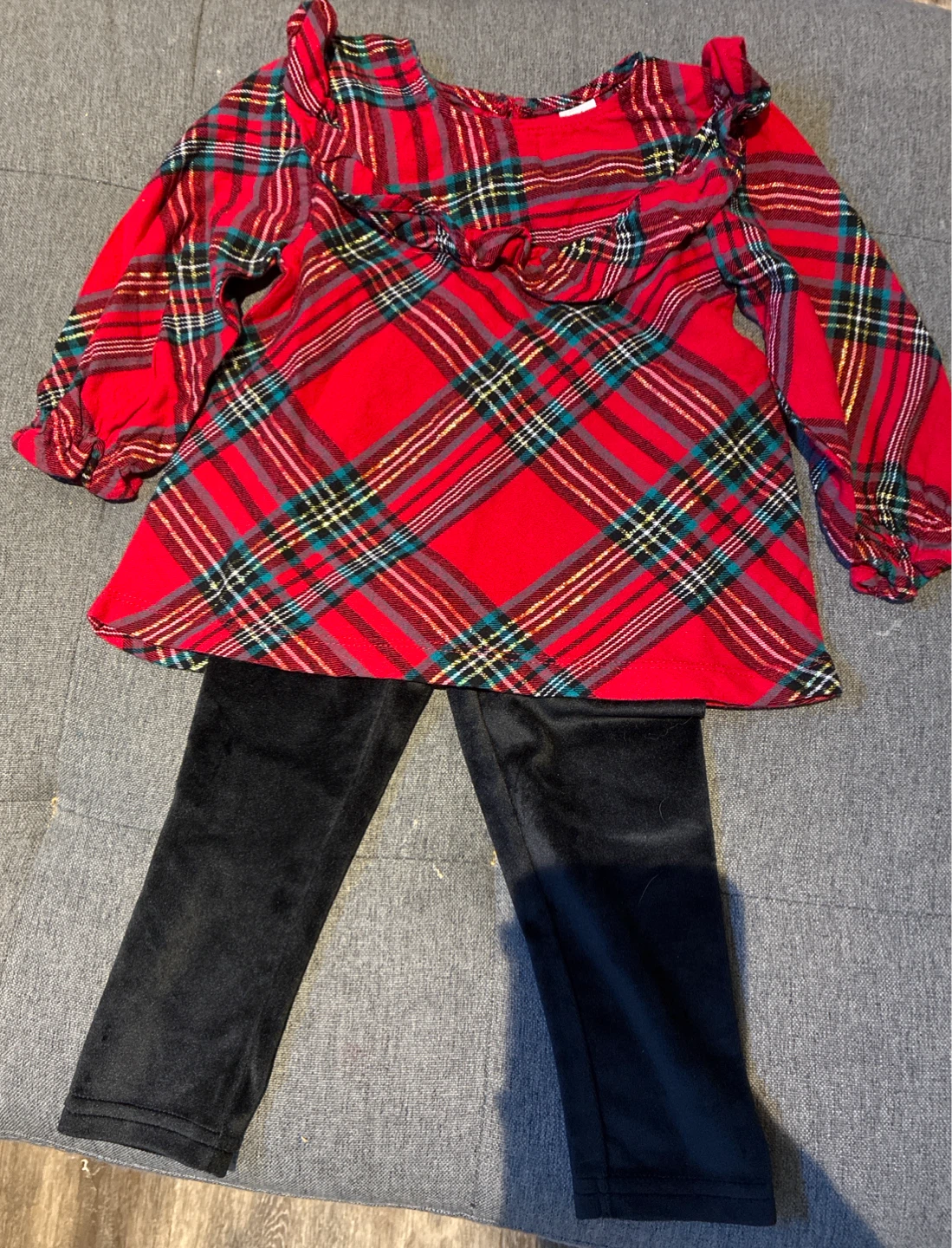 Baby Girl Plaid Tunic Top and Black Velour Leggings Set