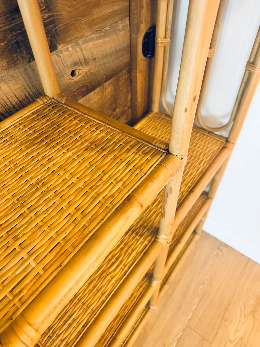 BOHO CHIC VINTAGE MCM BAMBOO RATTAN ETAGERE DISPLAY SHELF - photo 2