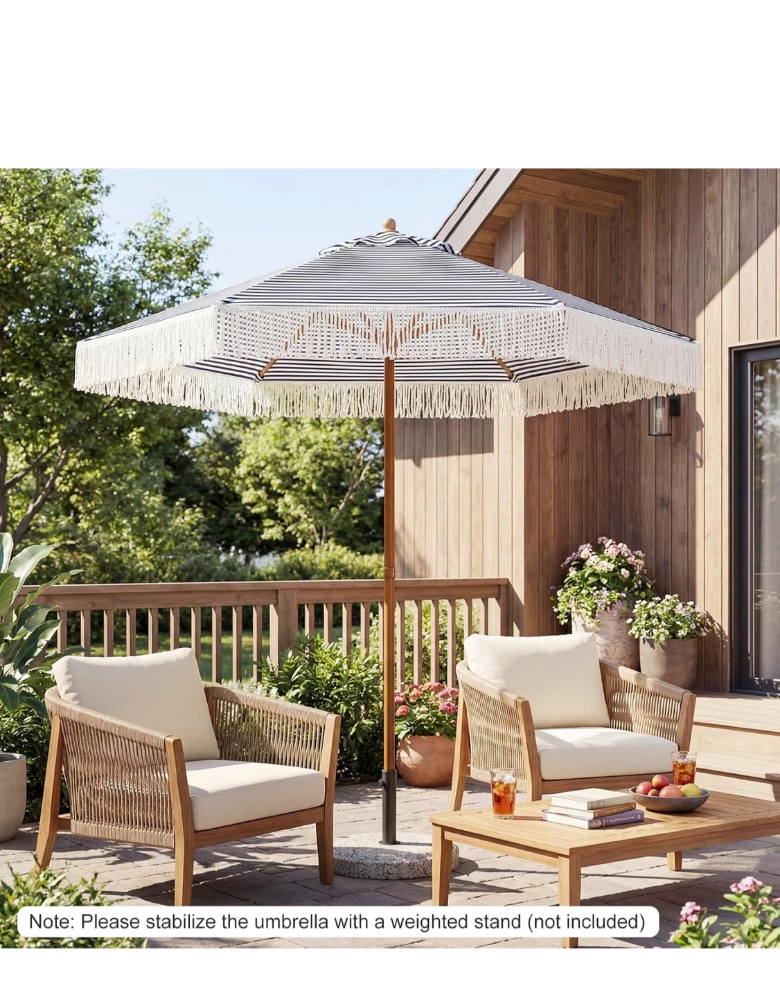 Striped Outdoor Patio Umbrella with Fringes