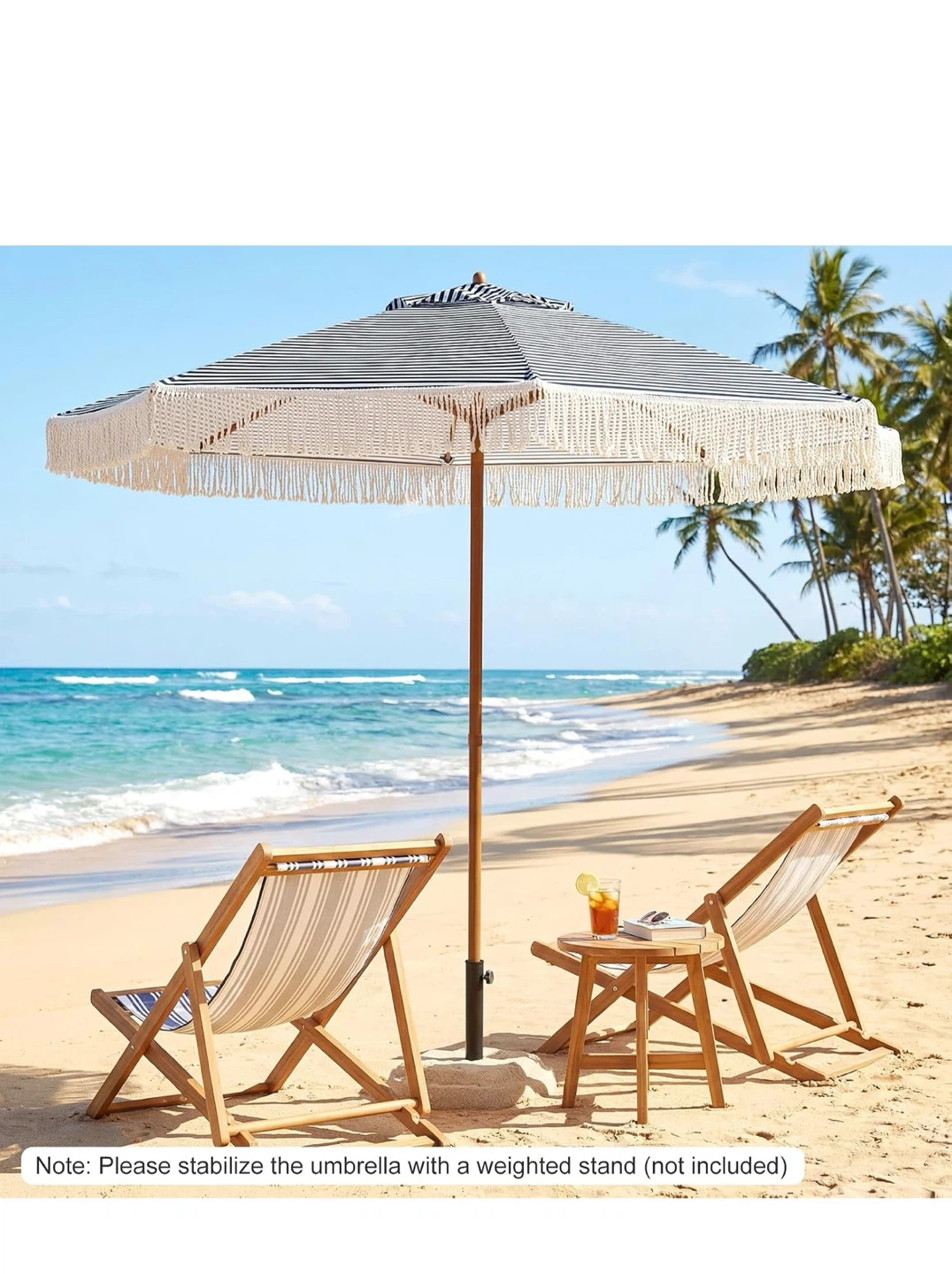 Striped Outdoor Patio Umbrella with Fringes - photo 2