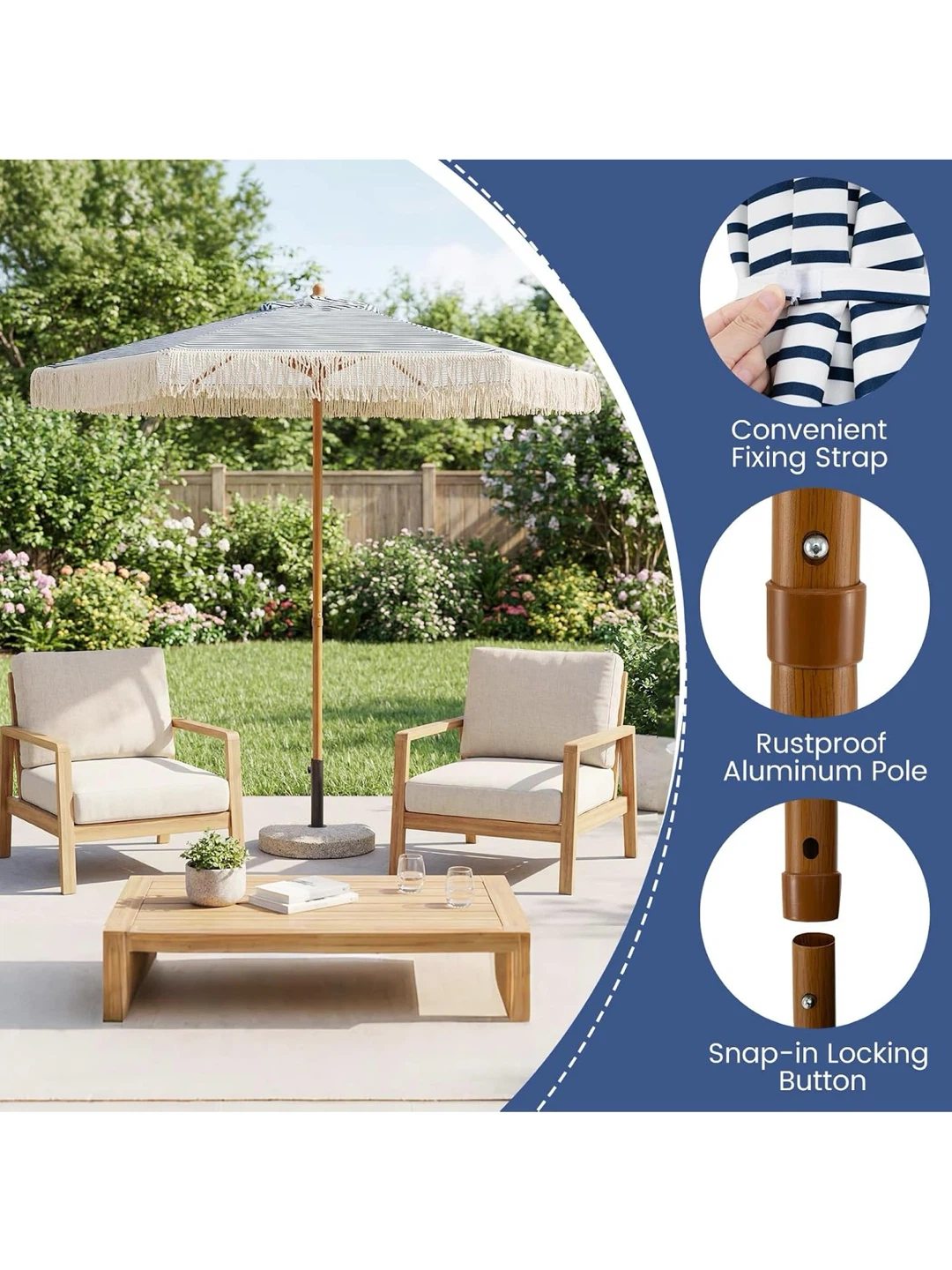 Striped Outdoor Patio Umbrella with Fringes - photo 5