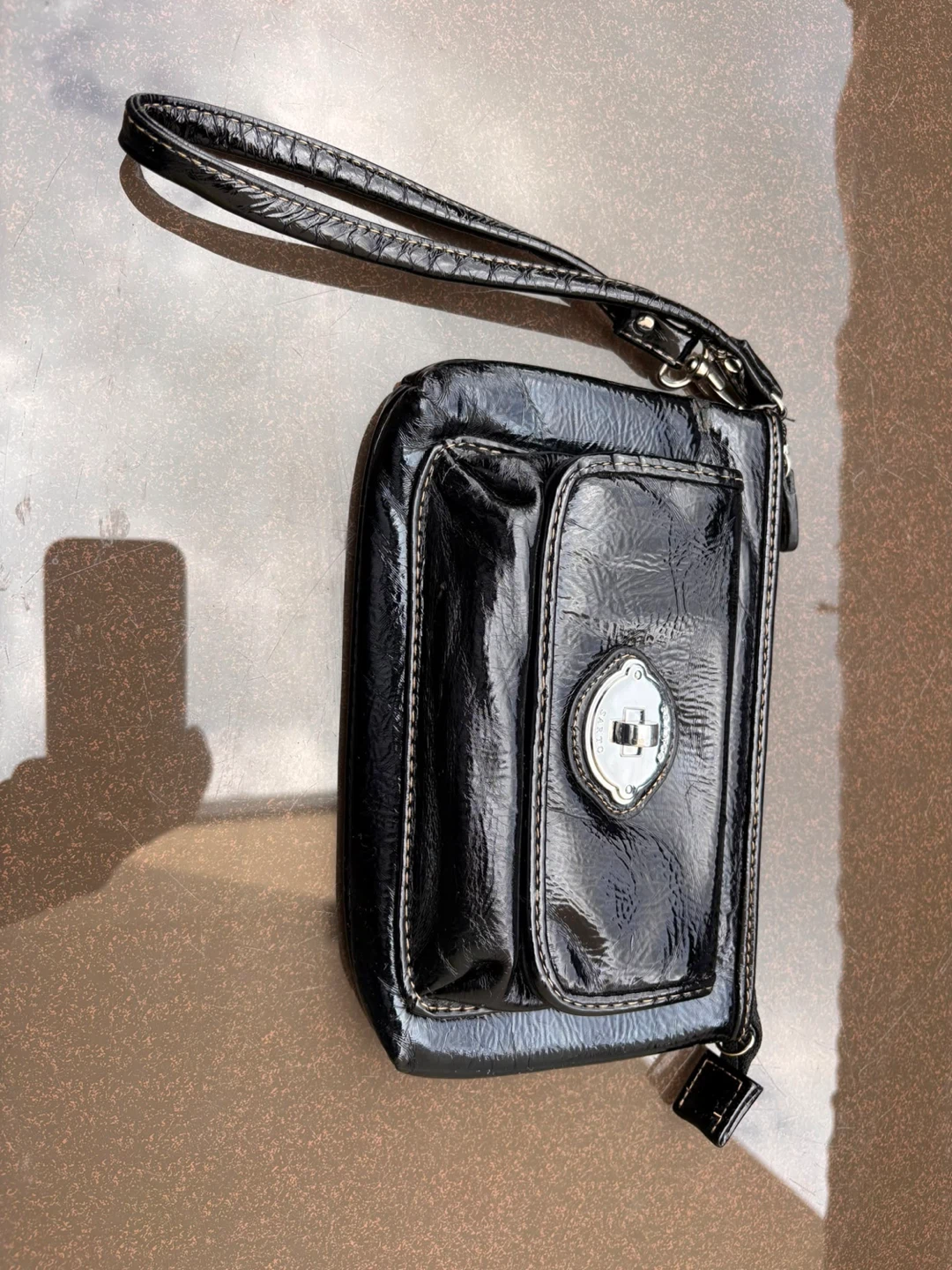 Black patent leather wristlet purse