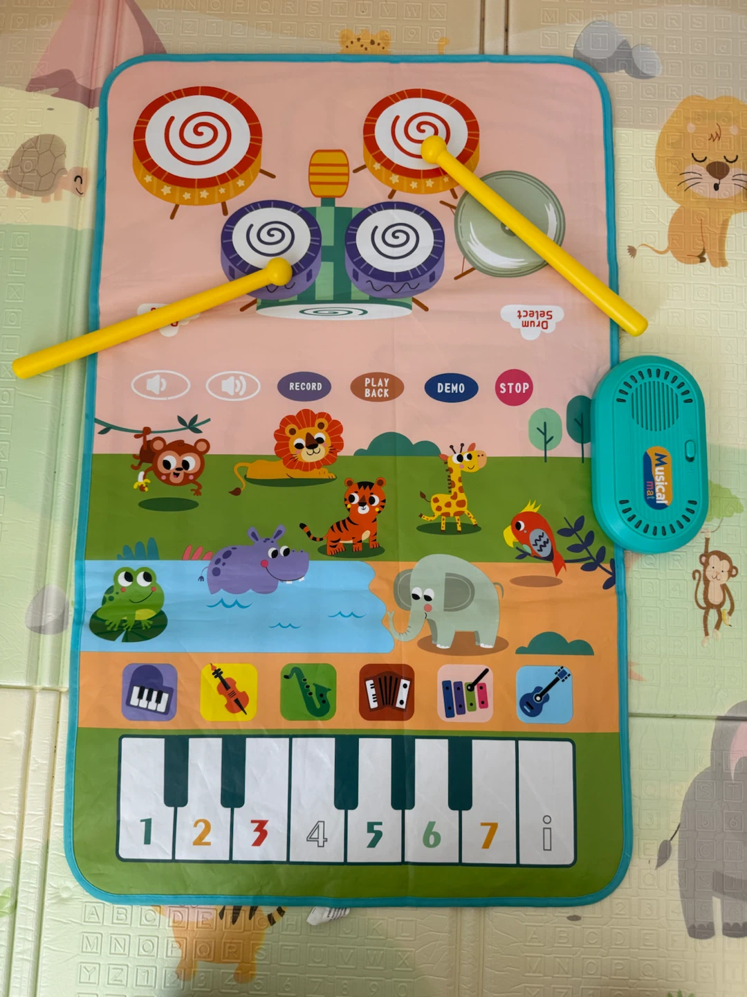 Musical Keyboard and Drum Play Mat with Animal Graphics