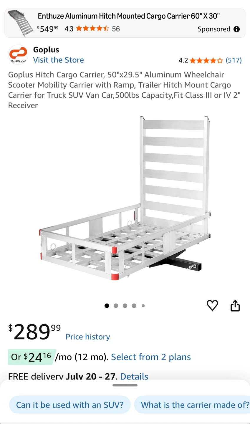 Goplus Hitch Mounted Cargo Carrier with Ramp 50"x30"