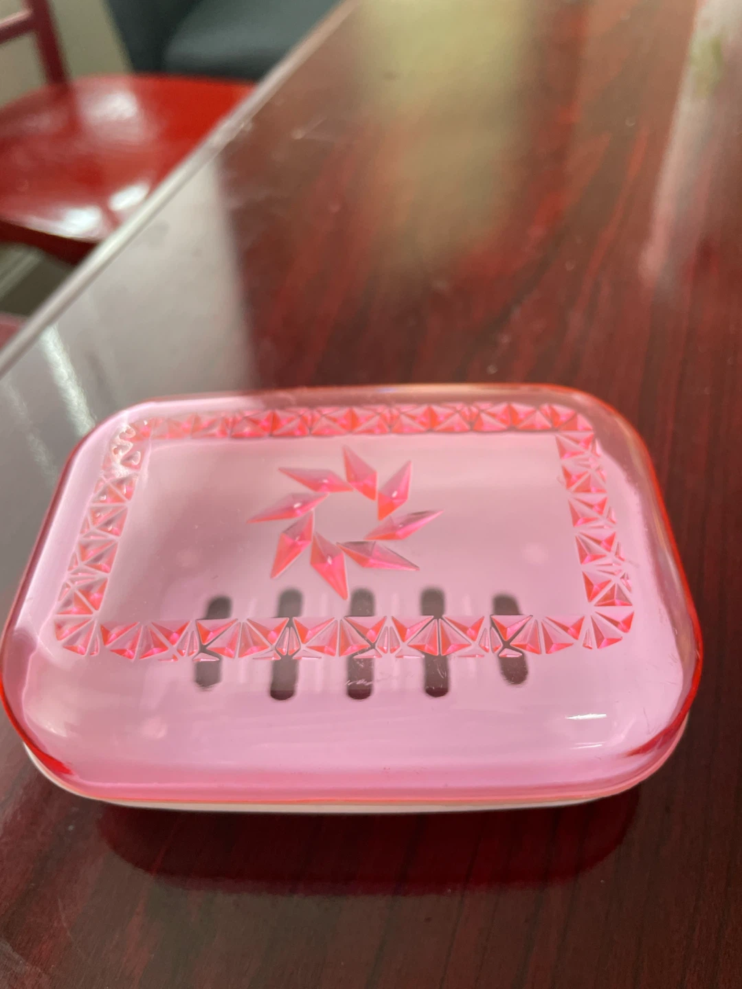 Pink Plastic Soap Dish with Decorative Design