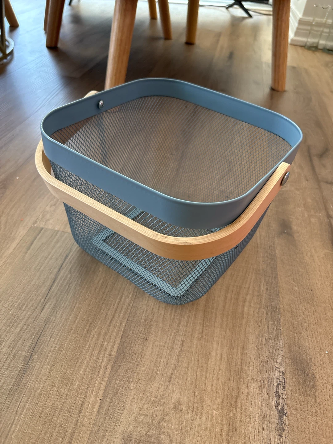 Ikea Blue mesh storage basket with wooden handle