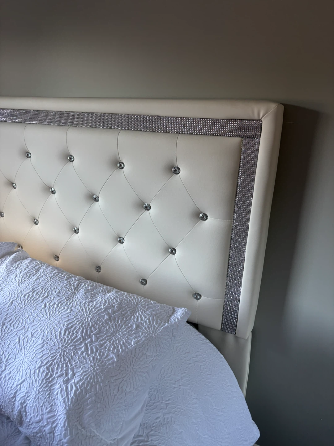 White Tufted Headboard with Crystals