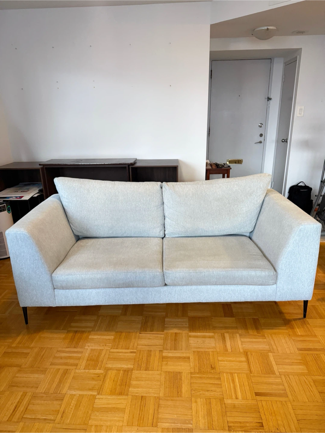 Sofa, grey 2-seat Sinclair condo couch, originally $2200