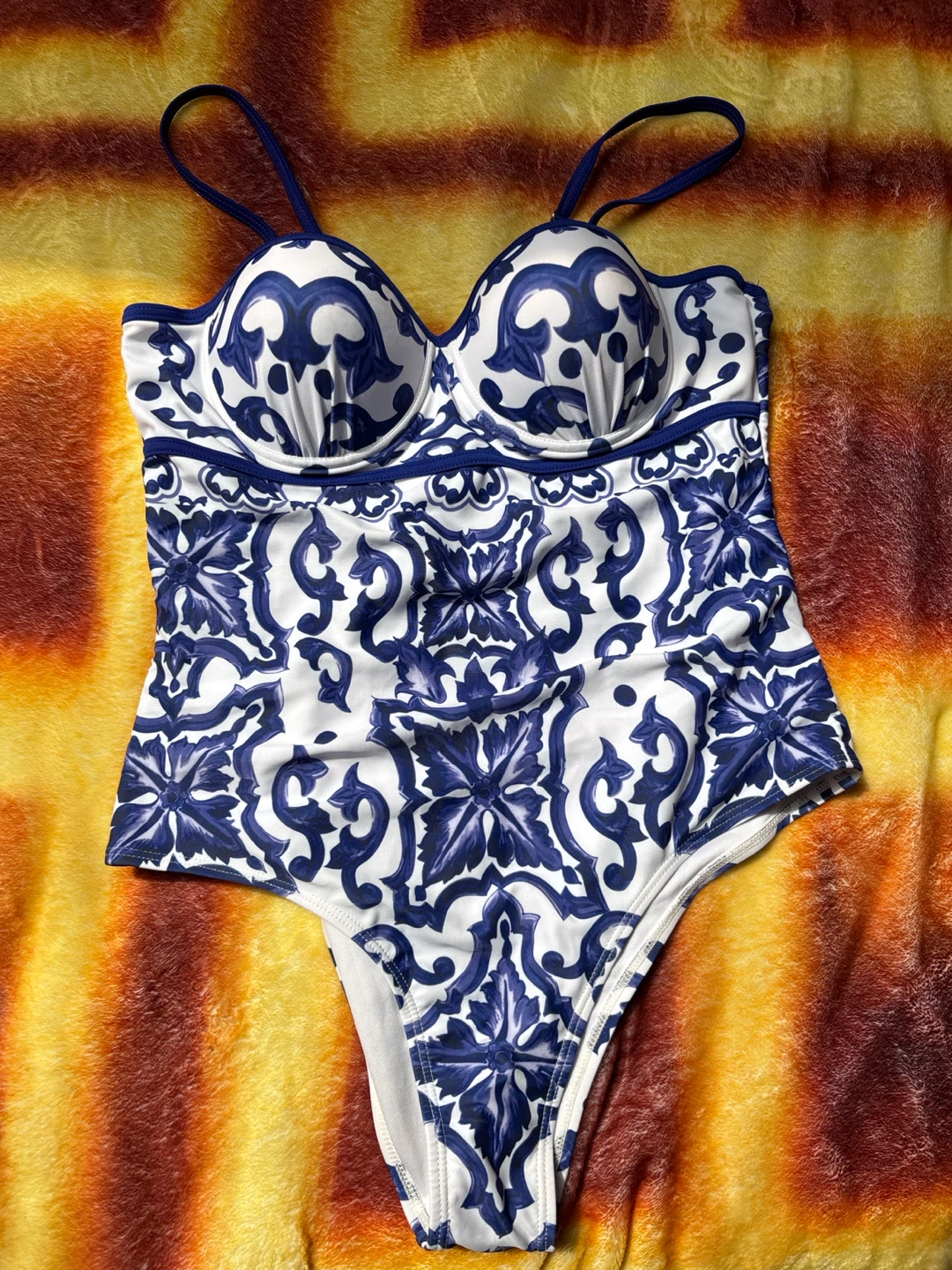 Blue and White Floral Print Swimsuit with Matching Scarf