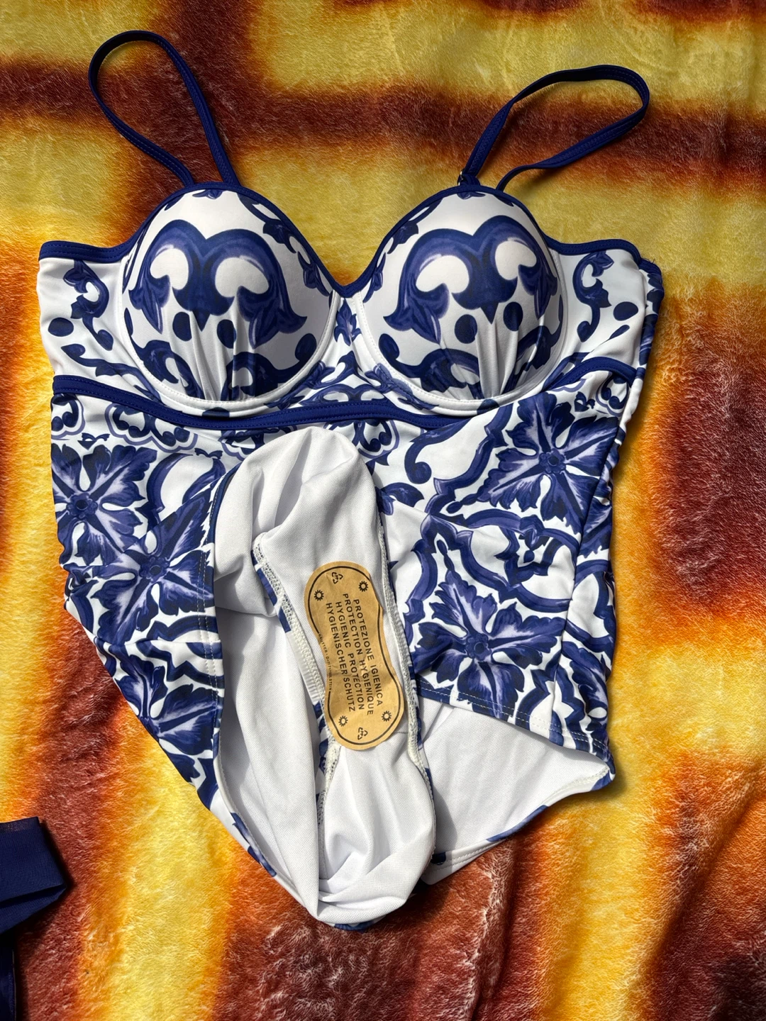 Blue and White Floral Print Swimsuit with Matching Scarf - photo 2