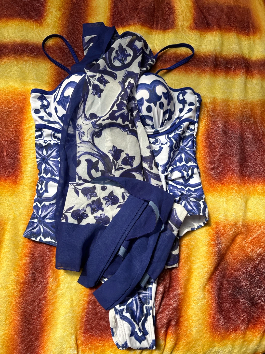 Blue and White Floral Print Swimsuit with Matching Scarf - photo 3