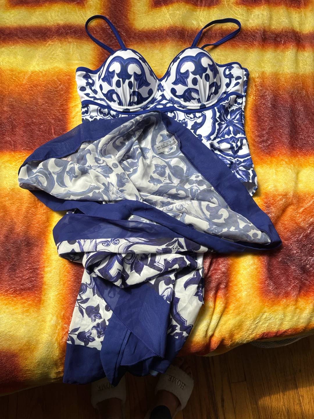 Blue and White Floral Print Swimsuit with Matching Scarf - photo 4