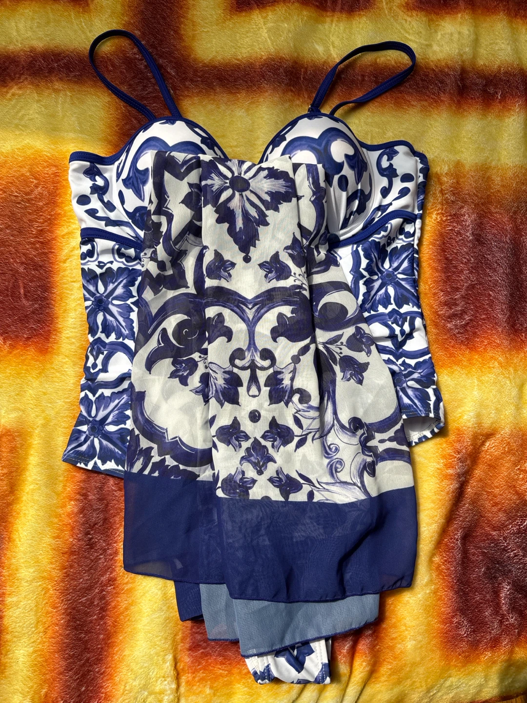Blue and White Floral Print Swimsuit with Matching Scarf - photo 5