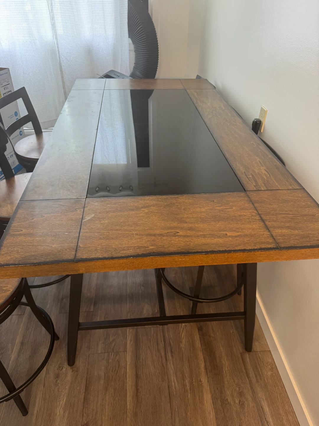Dining Table with Wooden Frame and Black Glass Insert