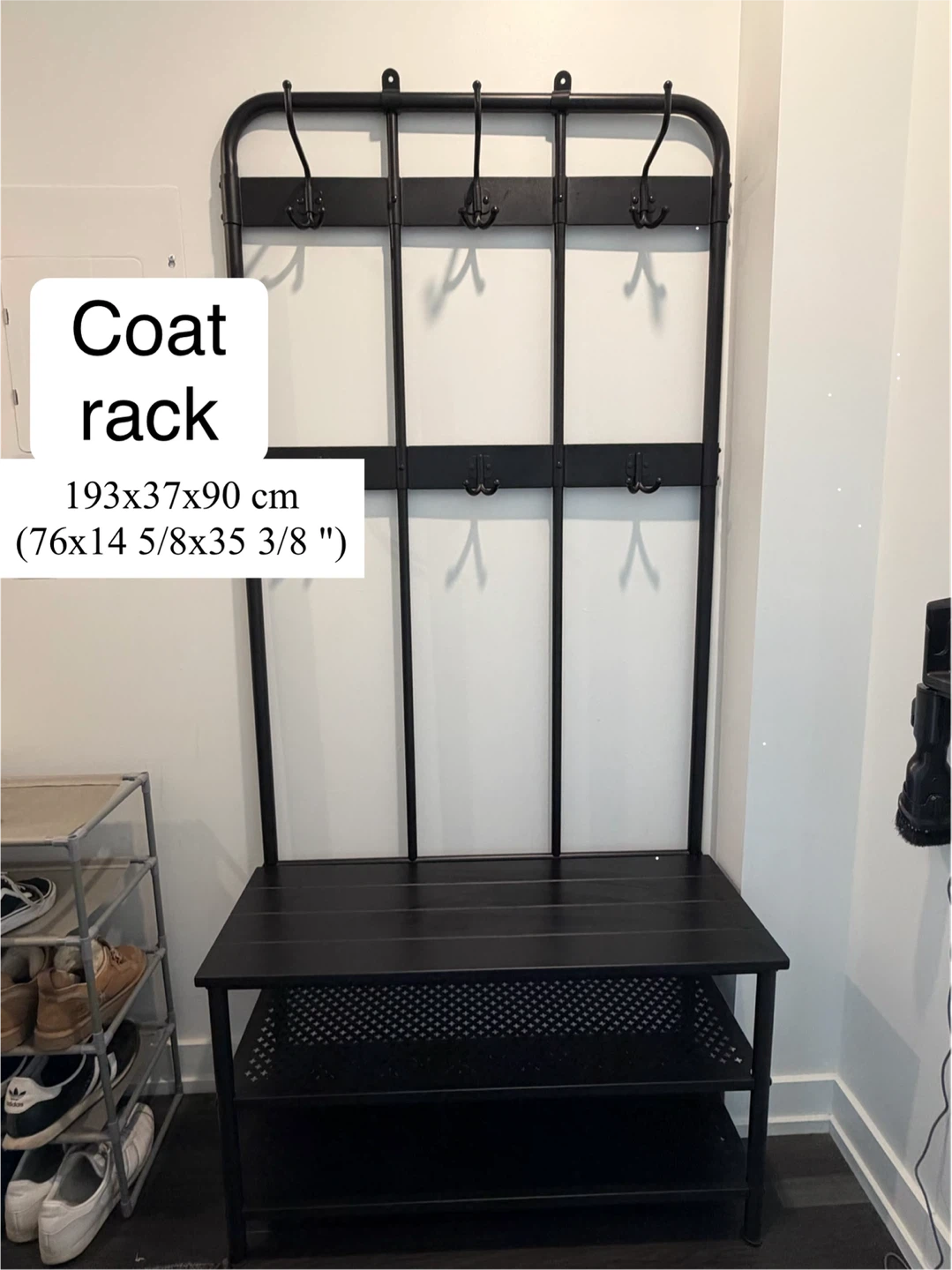 Black Coat Rack with Bench and Shoe Storage