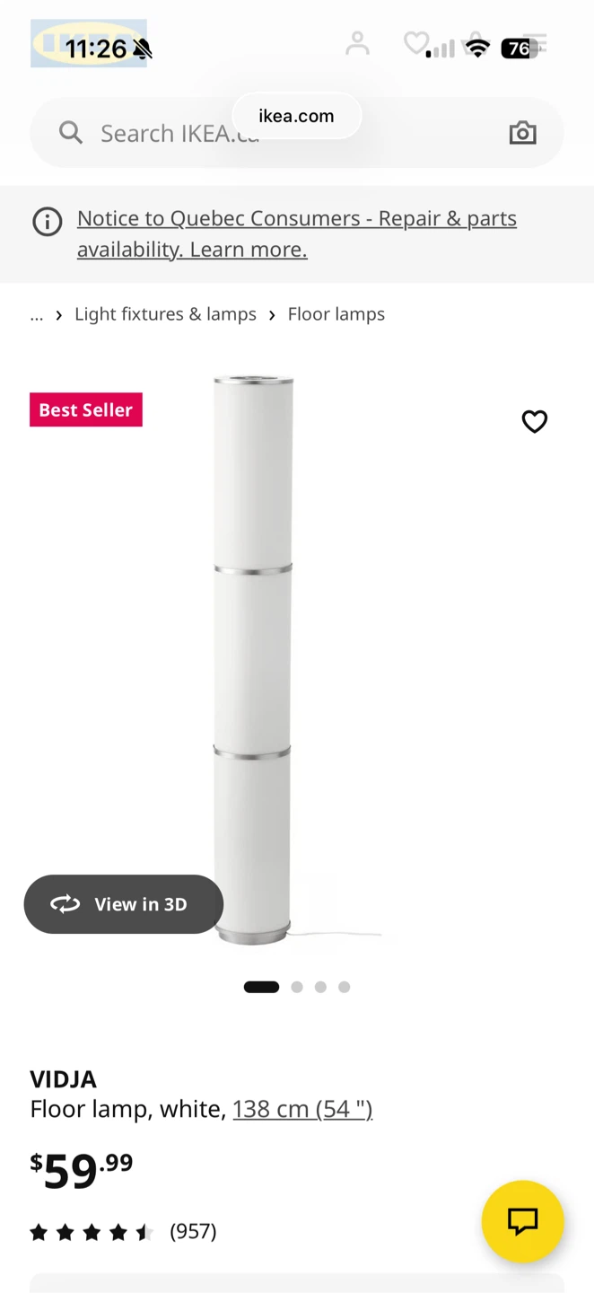 IKEA VIDJA Floor Lamp White 138 cm