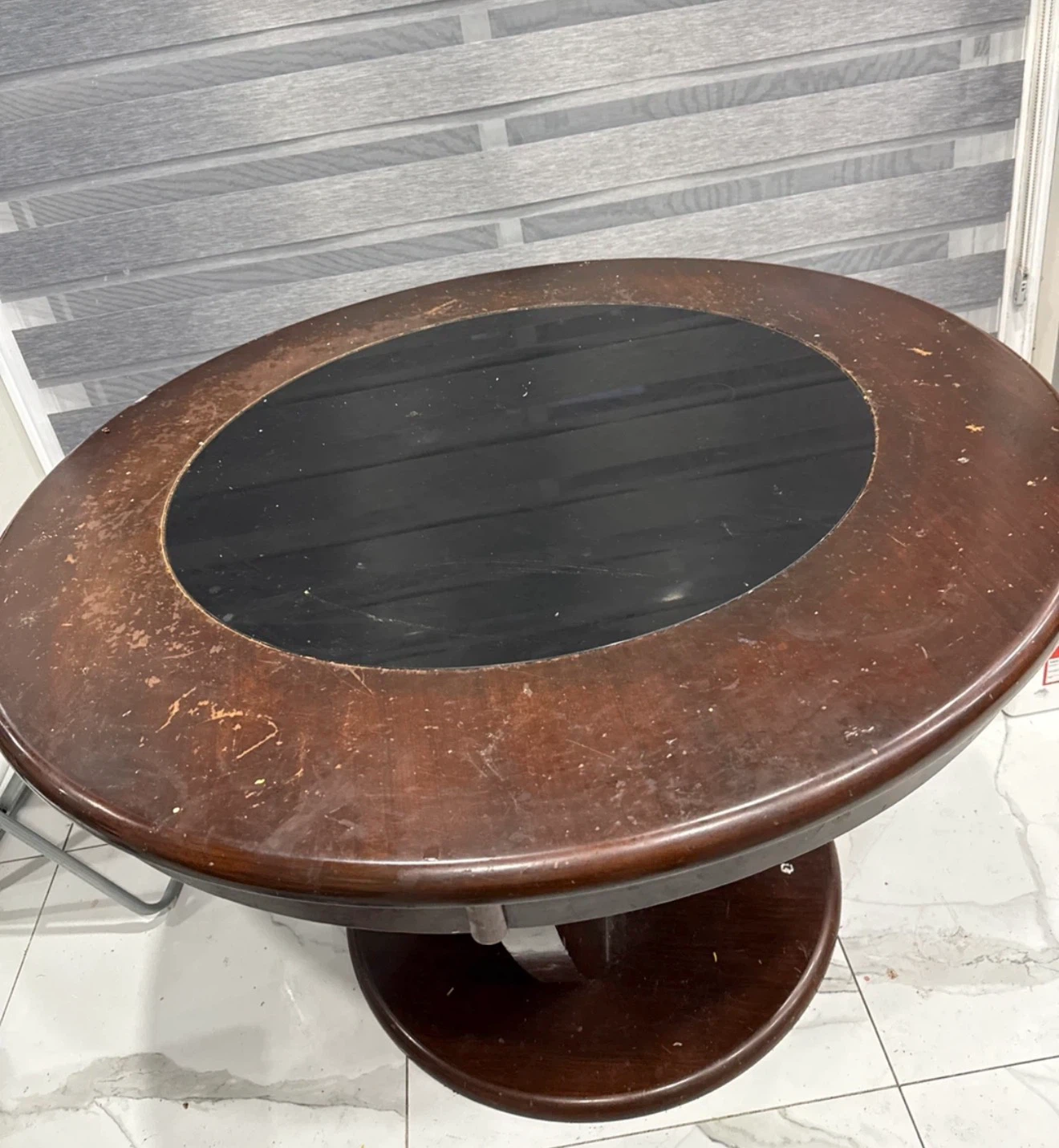 Round Wood Dining Table with Dark Inlay
