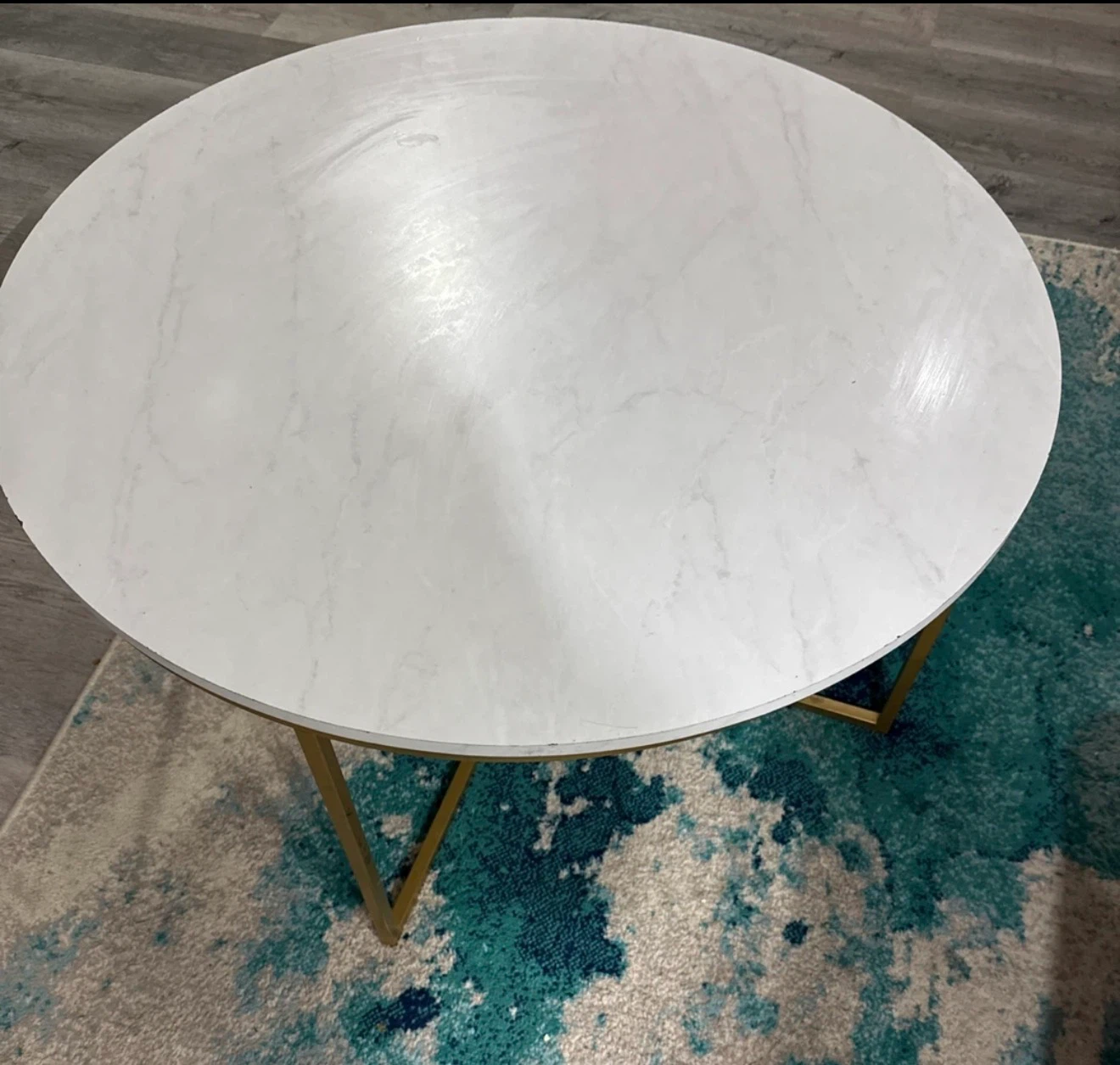 Round Coffee Table - White Marble Look with Gold Legs
