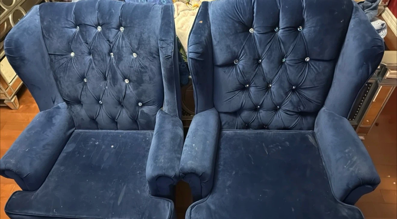 Velvet Tufted Accent Chairs and Ottoman - Blue