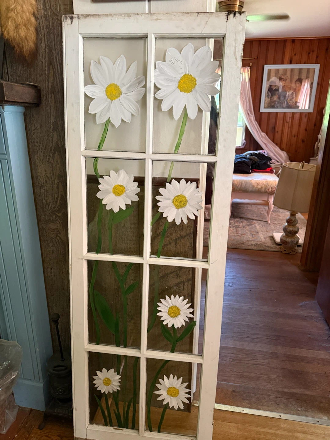 Upcycled vintage hand painted window