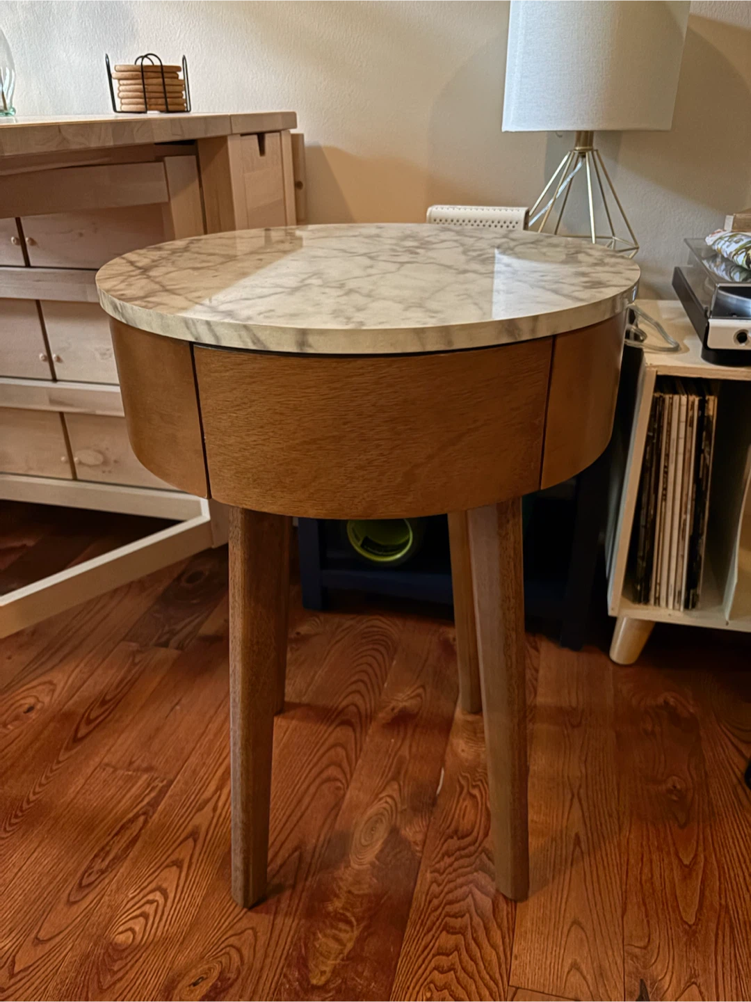 Round Marble Top End Table with Drawer