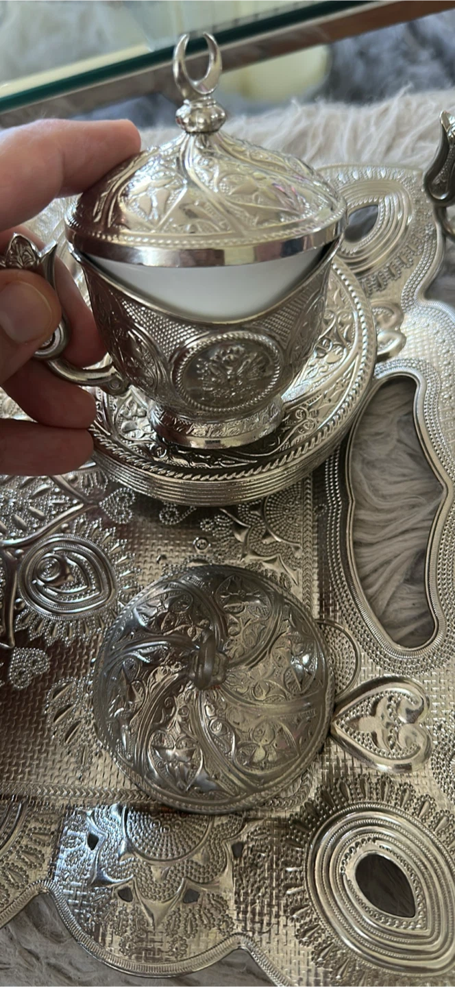 Turkish Ornate Silver Coffee Set with Tray and six Cups