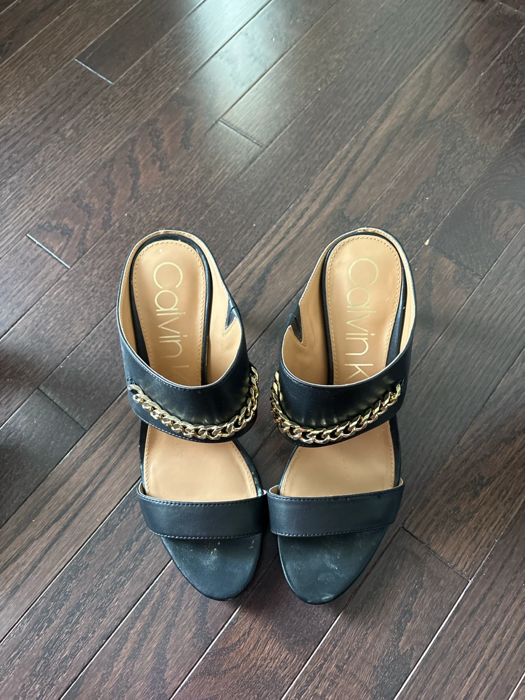 Calvin Klein Black Mules with Gold Chain Accent