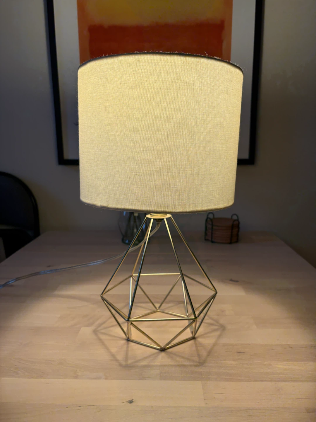 Geometric Cage Table Lamp with Linen Shade