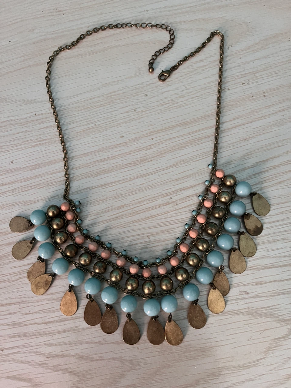 Beaded Statement Necklace - Blue, Pink, Gold Tones