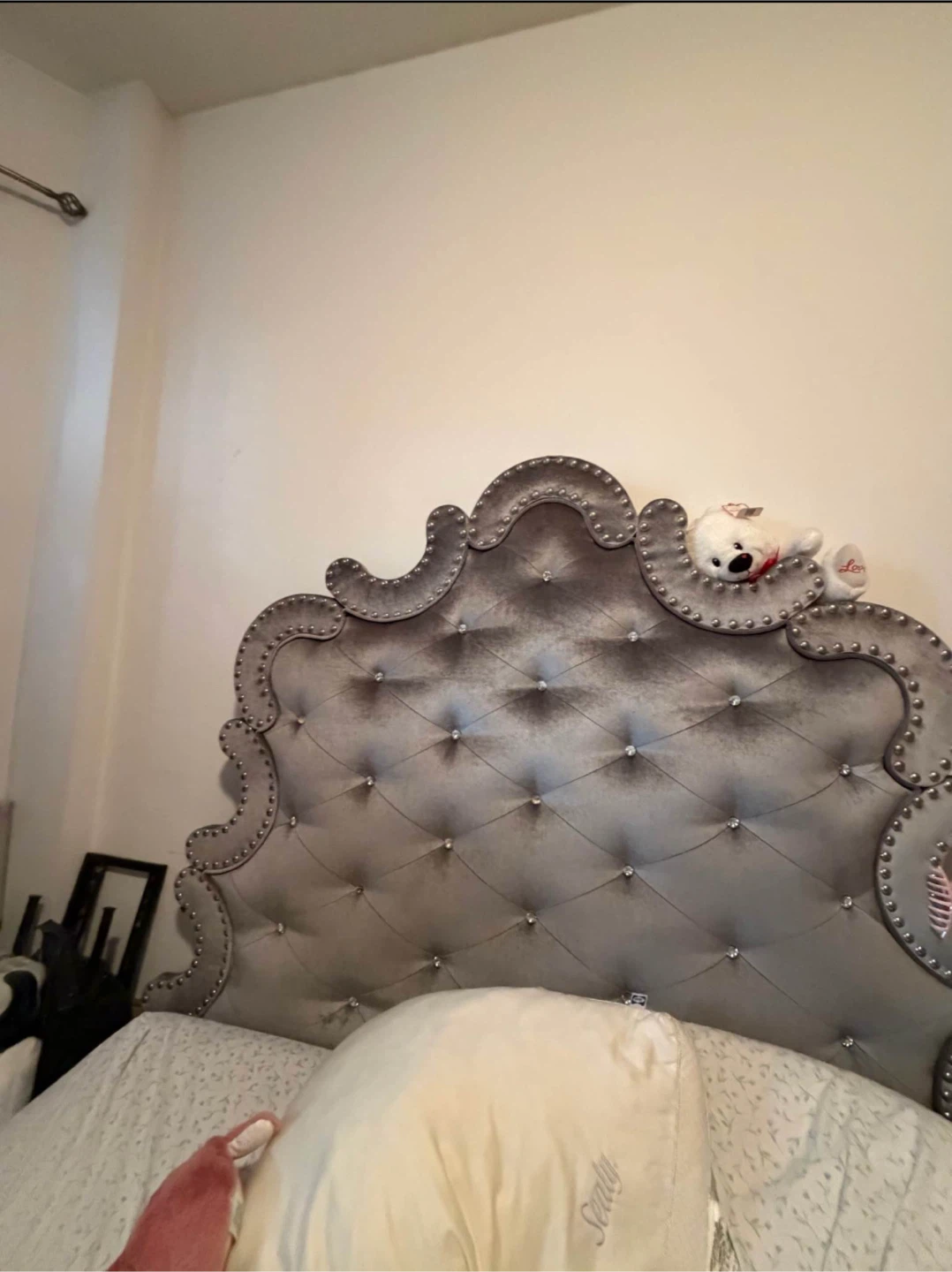 Grey Velvet Tufted Queen Bed Frame with Crystal Accents