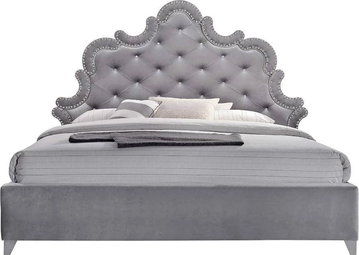 Grey Velvet Tufted Queen Bed Frame with Crystal Accents - photo 2