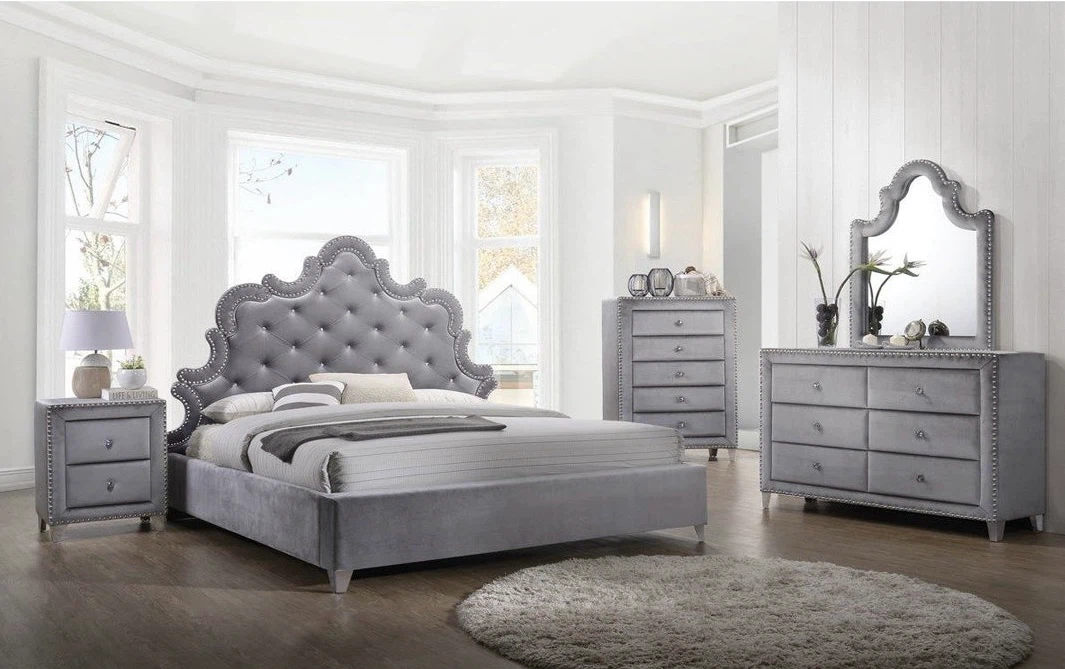 Grey Velvet Tufted Queen Bed Frame with Crystal Accents - photo 3