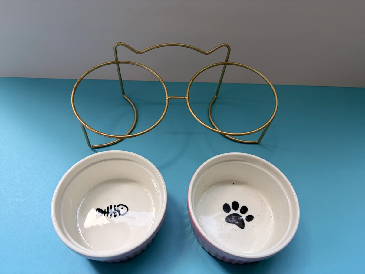 Pink Ceramic Pet Bowls with Gold Stand