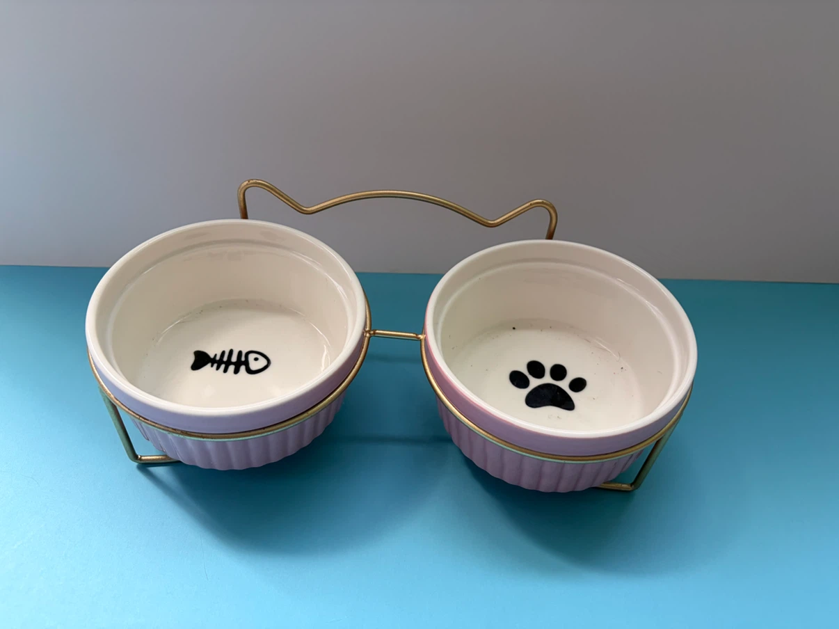Pink Ceramic Pet Bowls with Gold Stand - photo 2