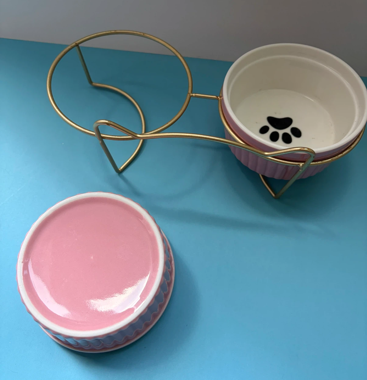Pink Ceramic Pet Bowls with Gold Stand - photo 3