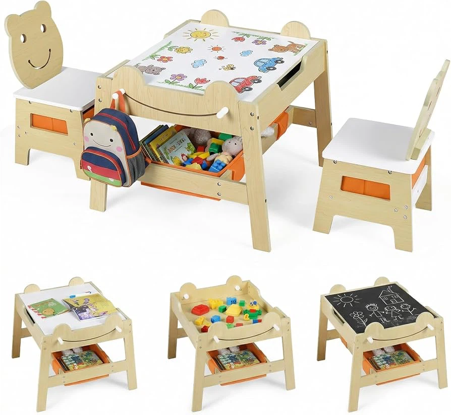 🔥INFANS Kids Table & Chair Set (4-in-1 Wooden Activity Desk)